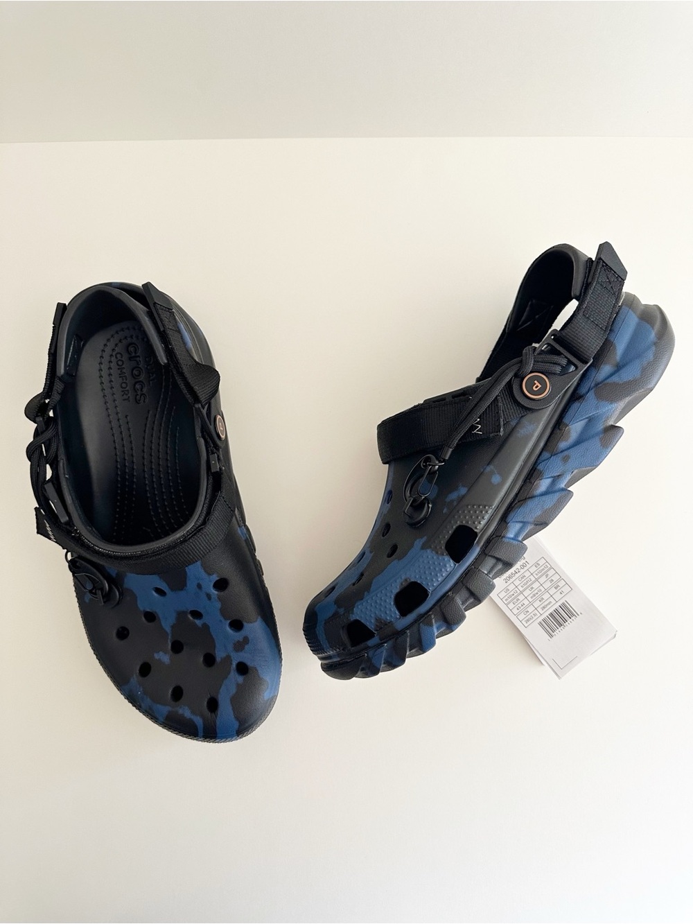 Post Malone x Crocs NWT Duet Max Clogs featuring a black blue urban camo pattern